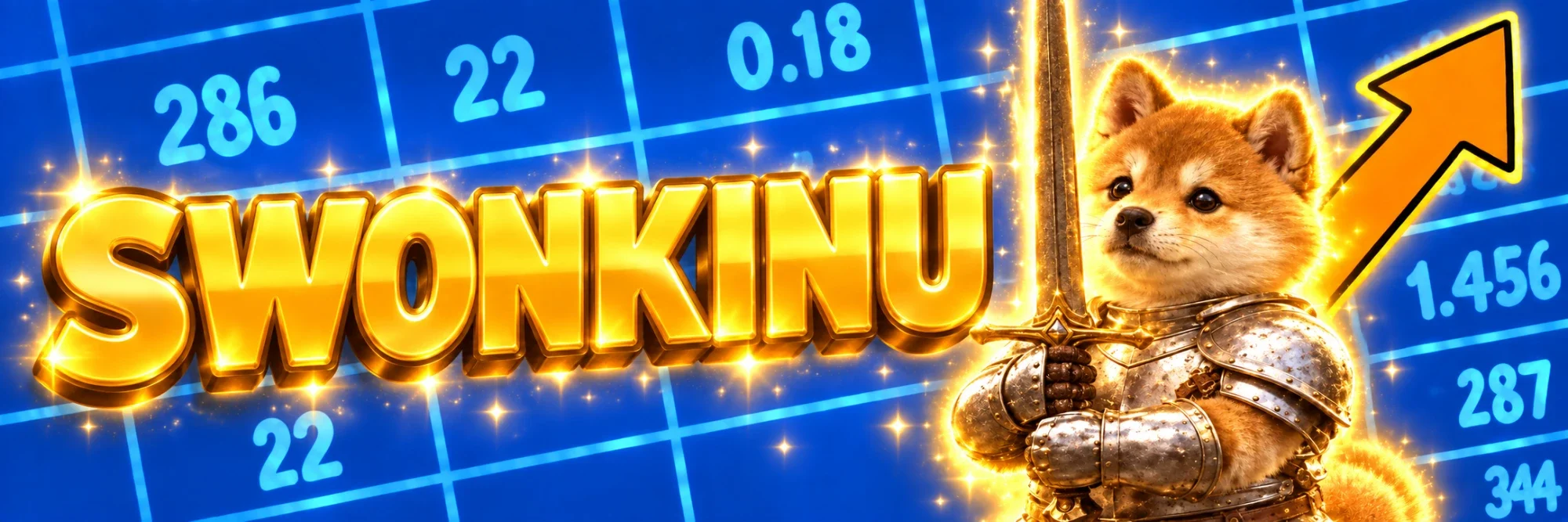 SWONKINU — an armoured shiba knight with a glowing sword in front of a stock board